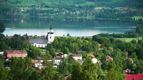 Medium, summer landscape with a lake and a church, Sweden Video stock 140358904