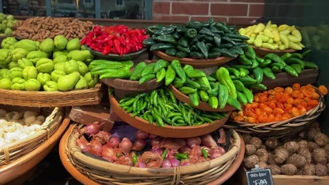 Medium tracking shot of vegetables in a grocery store Vidéo 332026249