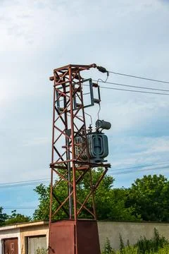 Medium voltage power tower and transformer substation. Used by small consum.. Stock Photos