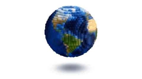 Medium Voxel Planet Earth Globe Spin Loop on White with Shadow Stock Footage 2671663