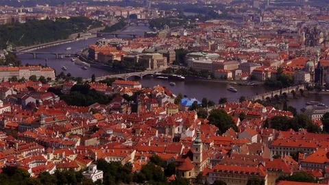 Medium Wide aerial view overlooking Prague Stock Footage 82708216