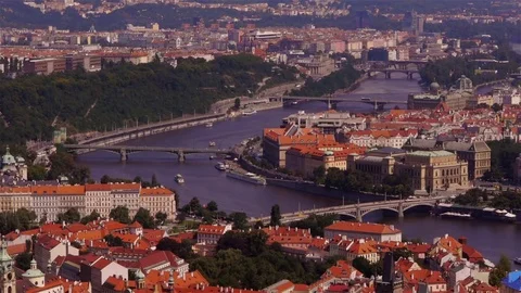Medium Wide aerial view of Prague and the Vltava river Stock Footage 82708830