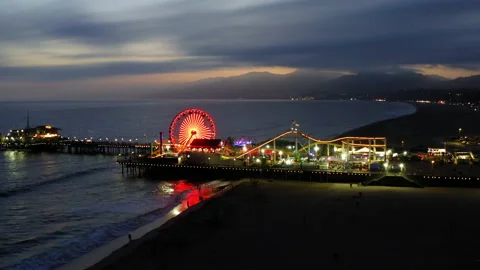 Medium Wide Drone Shot Of Santa Monica Mountains And The Pier At Night 4K 24 Stock Footage 195557552