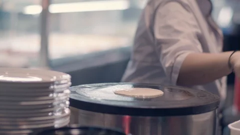 Medium Wide Pancake Dough Spreading Stock Footage 96289621