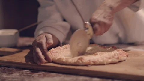 Medium Wide Pizza Slicing Stock Footage 96289606