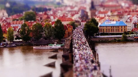 Medium Wide shot of Charles Bridge, Prague in miniature (tilt-shift) Stock Footage 82704503