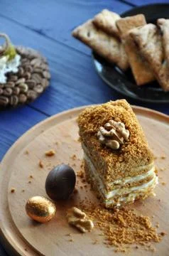 Medovyk cake with Easter eggs Stock Photos