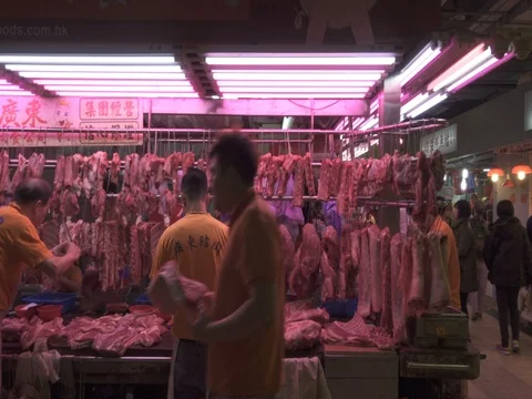 Meet and Fish selection at the Wan Chai Market in Hong Kong Stock Footage 72584329