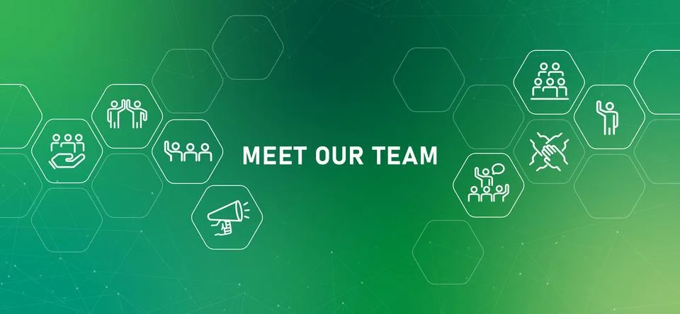Meet our team web header illustration green background white icons Stock Illustration