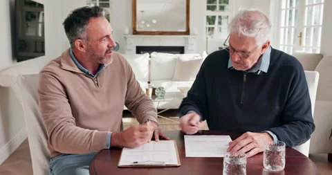 Meeting, agent or old man with paperwork sign for asset transfer, explain Stock Footage 337219188