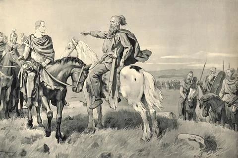 Meeting between the Roman general Julius Caesar, Caesar, and the Germanic king Stock Illustration