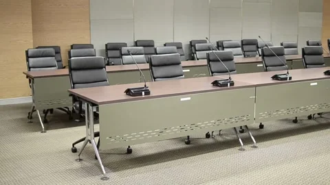 Meeting conference room empty table microphone chair corporate boardroom Stock Footage 334027387