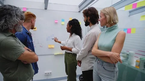 Meeting of creative workers in office listening to Latin female group leader and Stock Footage 269728019
