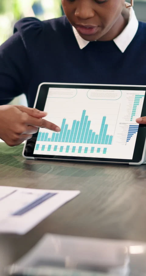 Meeting, data or hands in office with tablet screen, forecast or growth plan in Video stock 342773225