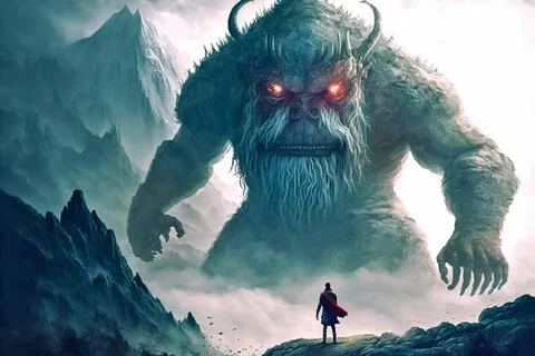 Meeting of man and devil, hero and monster. Fantasy hell illustration. Stock Illustration
