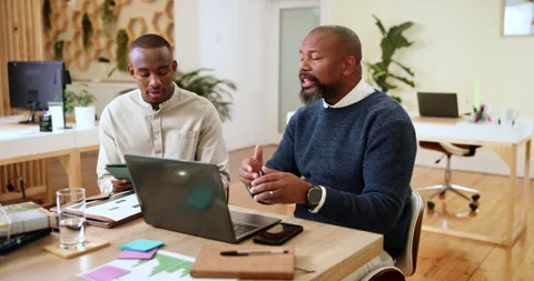 Meeting, office and manager with man on laptop for article feedback, writing Stock Footage 305882829