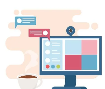 Meeting online, computer web camera speech bubble coffee cup Stock Illustration