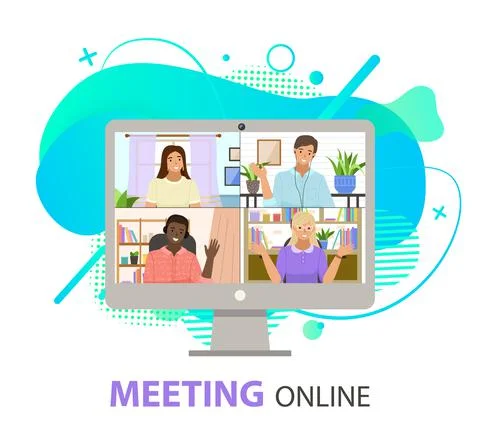Meeting online, desktop computer with group of colleagues taking part in video Stock Illustration