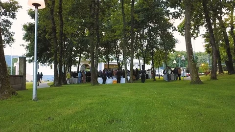 MEETING OF PEOPLE UNDER THE TREES Stock Footage 111578122