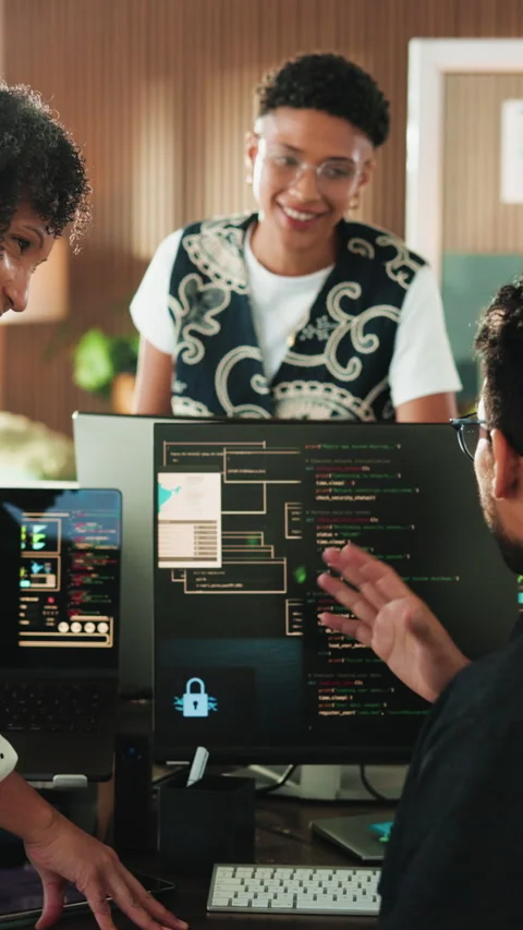 Meeting, programmer and people with computer screen in office for web developer Stock-Footage 342249633