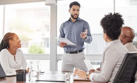 Meeting, proposal and team workshop, man with ideas at project presentation for Stock Photos