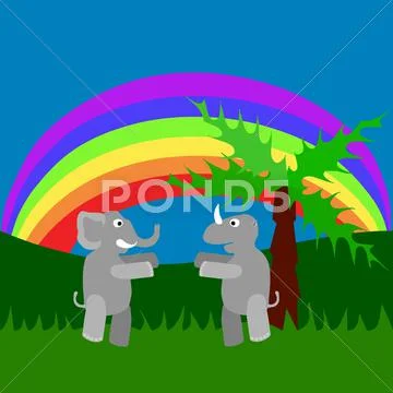 Meeting of rhino and elephant in tall grass under rainbow (eps) Stock Illustration
