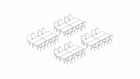 Meeting room setup layout configuration Banquet style, 3D virtual isometric Stock Footage 115933790