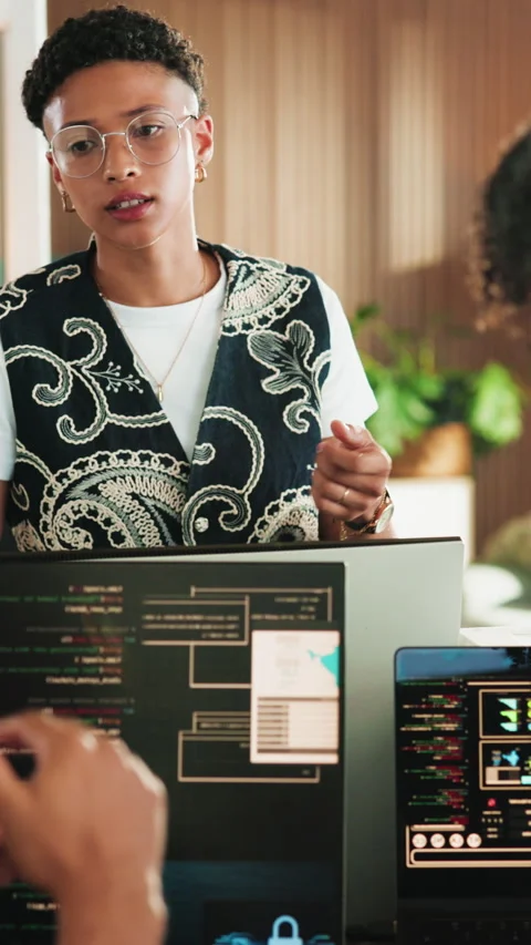 Meeting, software engineer and people with computer screen in office for code Vídeo Stock 342239233