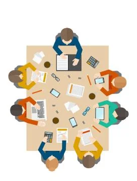 Meeting strategy  teamwork group  table discussing office  computer   illustr Stock Illustration