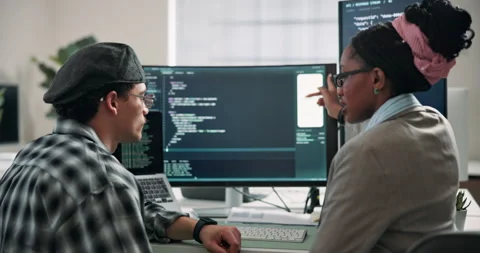 Meeting, team and computer screen in office for code review, ui or mobile Stock Footage 346765352