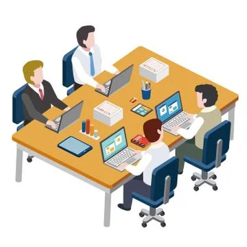 Meeting   teamwork group  table discussing office  computer   corporate illus Stock Illustration