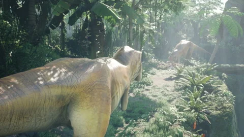 Meeting of two predatory T-Rex dinosaurs in the Jurassic prehistoric Park. View Stock Footage 141287542