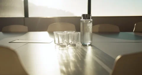Meeting, window and water on tablet in empty office for workshop, corporate and Stock Footage 335798751