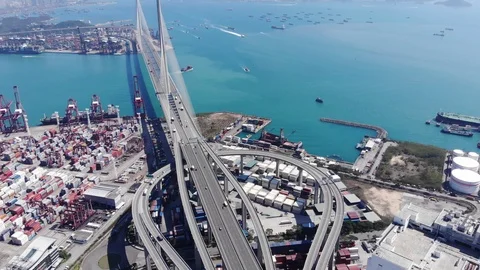 Mega cable stayed bridge build across channel, aerial shot Stock Footage 91145693