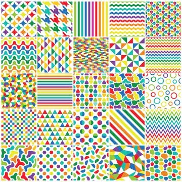 Mega collection of colorful rainbow seamless geometric patterns. Bright multi Stock Illustration