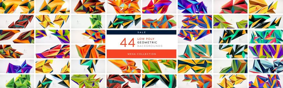Mega collection of triangle low poly 3d abstract shapes. Elements bundle for イラスト素材