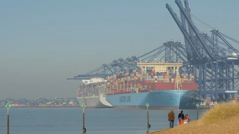 Mega container ship alongside "Port of Felixstowe" "River Orwell " Suffolk Stock Footage 103633886