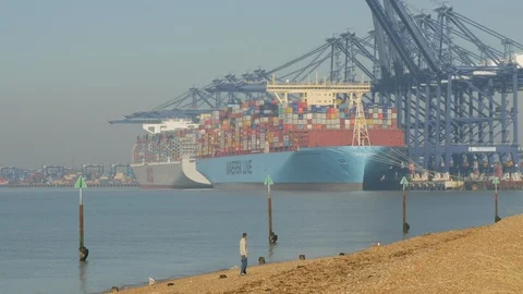 Mega container ship alongside "Port of Felixstowe" "River Orwell " Suffolk Stock Footage 103634479