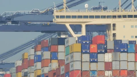 Mega container ship alongside "Port Of Felixstowe" "River Orwell " Suffolk Stock Footage 103635140
