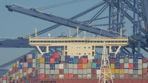 Mega container ship alongside "Port Of Felixstowe" "River Orwell " Suffolk Stock Footage 103636568