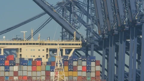 Mega container ship alongside "Port Of Felixstowe" "River Orwell " Suffolk Stock Footage 103637025