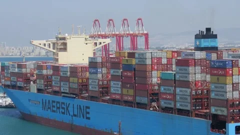 Mega container ship MAERSK sail out of port full of cargo HD Stock Footage 135964662
