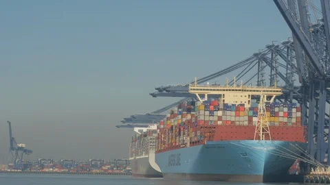 Mega container ships alongside "Port Of Felixstowe" "River Orwell " Suffolk Stock Footage 103635551