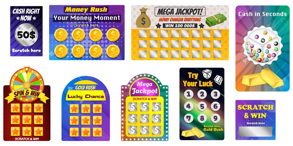 Mega Jackpot Scratch Cards and Spin Wheel Lottery Game Set. Colorful Scratc.. Stock Illustration