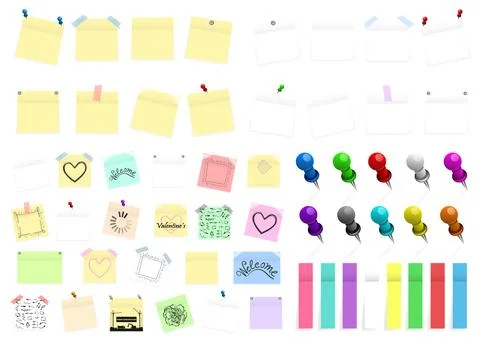 Mega pack of colored office paper stickers and metal pins with shadows isolated Stock Illustration