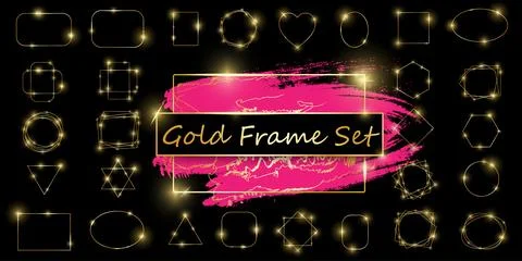 Mega pack of gold shiny glowing frames isolated on black background. Pack of Stock Illustration