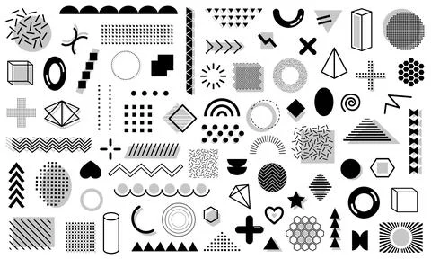 Mega pack of greycscale memphis geometric shapes isolated on white background. Stock Illustration