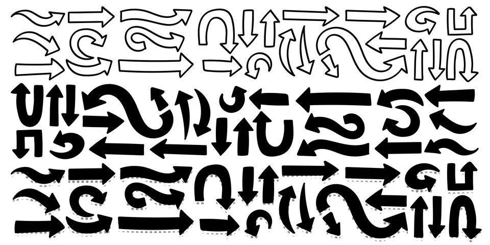 Mega Pack Hand Drawn Doodle Arrows: Outline, Solid, and Dotted Directional .. Stock Illustration