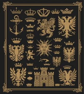 Mega pack of Heraldic Elements with baroque frame Stock Illustration