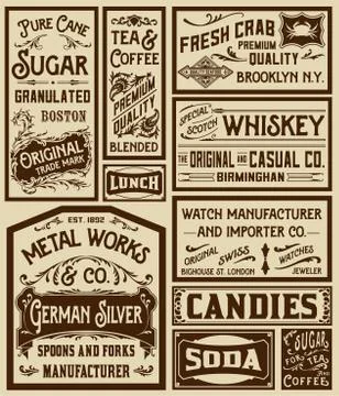 Mega pack old advertisement designs and labels - Vector illustra Stock Illustration
